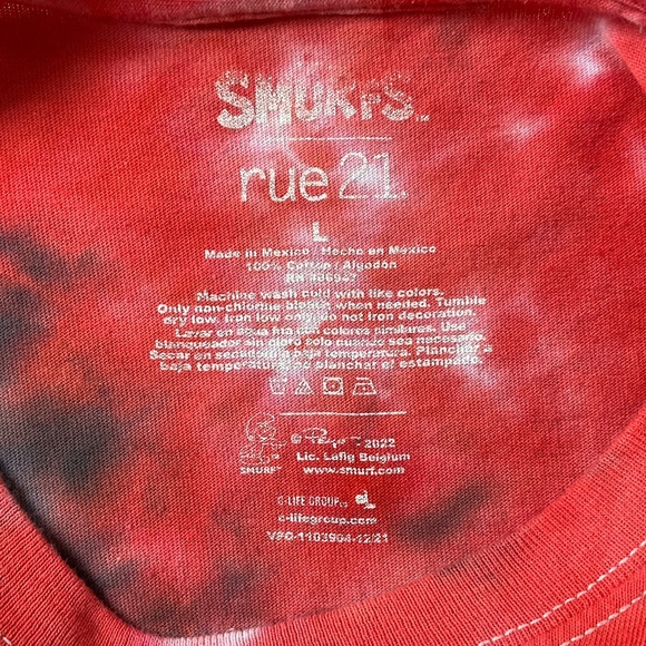 Rue 21 Smurfs T -Shirt Sz L Red Blue Tie Dye Mushrooms Colorful Kidcore 90s Y2K - Picture 6 of 6